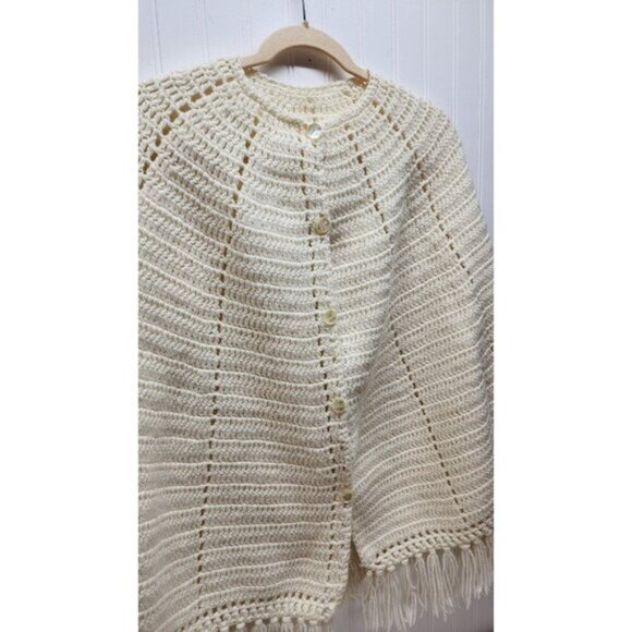 Handmade Wool Blend Crochet Cape With Fringe Trim & Button Closure - Picture 2 of 10